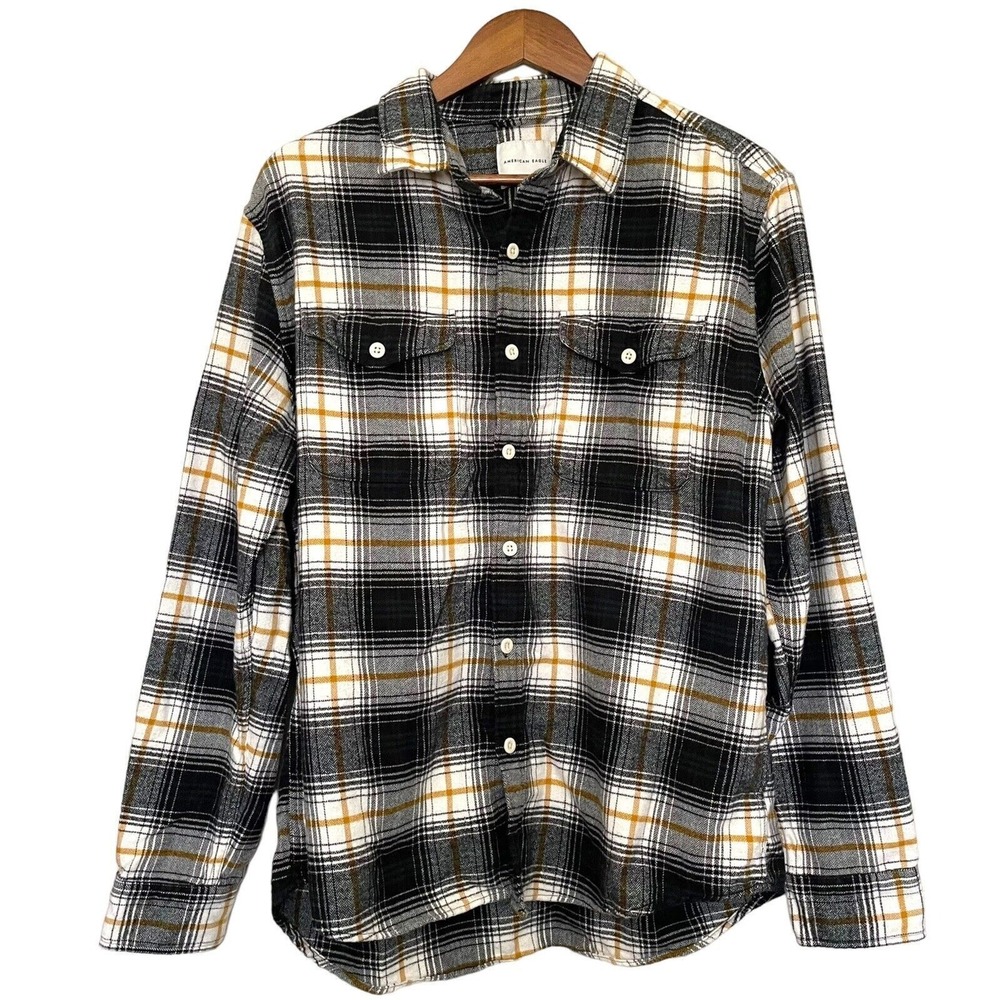 American Eagle Flannel Shirt Mens L Black White Yellow Plaid Super Soft Grunge